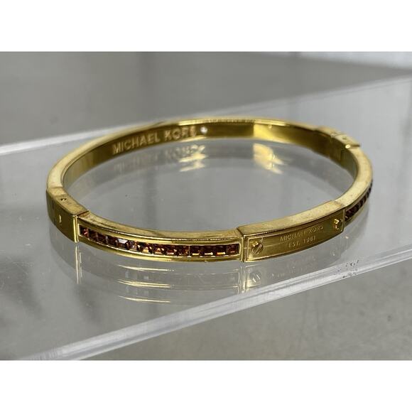 Michael Kors Gold Brown Crystals Bracelet Clasp Bangle Signed - Picture 1 of 6
